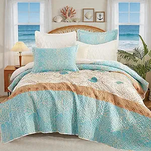 3 Pieces Coastal Quilt Sets Queen Size-Ocean Theme Coral Shell Starfish Conch Pattern Printed Quilt,Reversible Beach Bedding Set,Summer Soft Lightweight Nautical Bedspread Coverlet(Queen 92"x96")