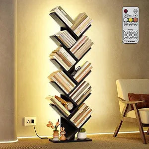 Hoctieon 10 Tier Tree Bookshelf, Tall Bookcase, Freestanding Book Shelf with LED Lights, Display Floor Standing Storage Shelf, Book Organizer Shelves for Home Office, Living Room, Black