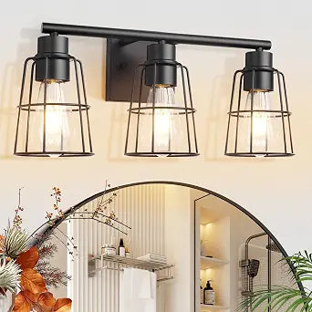 3-Light Black Bathroom Vanity Light Fixture Over Mirror, Industrial Caged