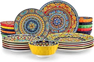 vancasso 24 Pieces Plates and Bowls Set, Bohemian Style Dinnerware Sets Service for 6, Porcelain Boho Dishes Set for Kitchen, Housewaring Gift, Dishwasher and Microwave Safe, Series KRVI