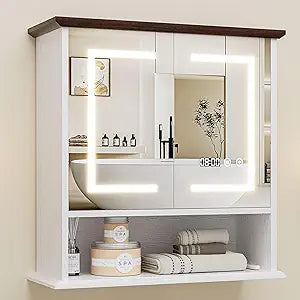 Bathroom Medicine Cabinet with Mirror, Lighted Storage Cabinet Wall Mounted with Doors & Adjustable Wood Shelf, Modern Bathroom Mirror with LED Lights Defogger for Makeup Laundry/Living Room, White