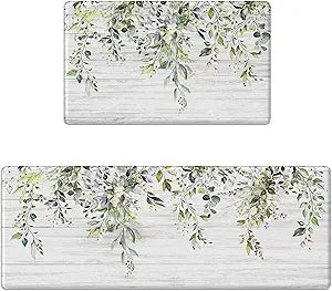 Kitchen Rug Mats for Floor Cushioned Anti Fatigue Green Eucalyptus Kitchen Rugs Sets of 2 Farmhouse Non Slip Waterproof Comfort Memory Foam Standing Floor Mat for Office Laundry Sink Desk