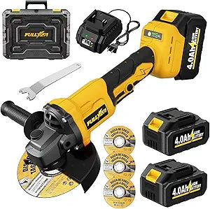 FULLYEA Cordless Angle Grinder 4-1/2", Brushless Angle Grinder Tool 12000 RPM, Power Angle Grinders with 2 * 4.0Ah Batteries & Charger, Electric Metal Grinder Kit for Cutting, Grinding (Yellow)
