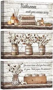 HOMEOART Farmhouse Bathroom Wall Decor - Framed Canvas Art, 6x12inch, 3 Pieces (Brown)
