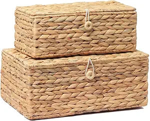 LUSYDECO Set of 2 Rectangular Wicker Storage Basket with Lid