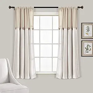 Lush Decor Linen Button Farmhouse Curtains, Single Panel, Pleated Two Tone Design 40"W x 63"L, Linen