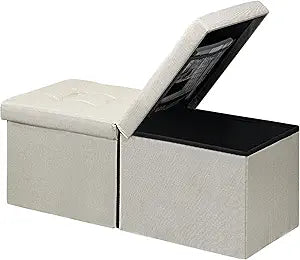 AmasSmile Storage Bench Folding Ottoman Foot Rest Stool, 34 inch Beige Linen Footstool Bench, Short Ottoman, Foot Rest Store as Books, and Blanket Storage or Others.