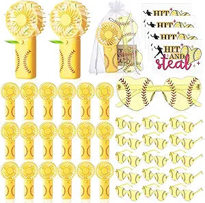 Kingdder 20 Set Softball Party Favors Bulk, Mini Handheld Fans & Yellow Heart Sunglasses with Thank You Cards Organza Bags