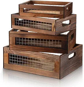 FillTouch 4 Pcs Wooden Nesting Countertop Baskets 4 Size Wooden Storage Box with Handle and Metal Wire Multipurpose Wood Organizer Crate for Fruit Vegetable Kitchen Cabinet Bathroom(Walnut,Small)