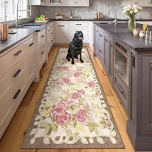 2.6x8 Machine Washable Runner Rug, Kitchen Hallway Area Rug Pink Vintage Boho Floral Ultra Non-Slip Low Pile Soft Faux Wool Carpet, Kids and Pets Friendly for Bedroom Entryway Nursery Decor Rug