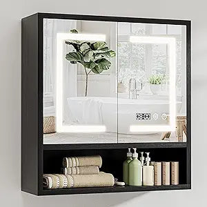 Bathroom Medicine Cabinet with Mirror, Lighted Storage Cabinet Wall Mounted with Doors & Adjustable Wood Shelf, Modern Bathroom Mirror with LED Lights Defogger for Makeup Laundry/Living Room, Black