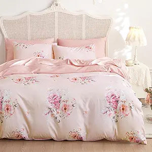 Wake In Cloud - Floral Comforter Set, Shabby Chic Farmhouse Cottagecore Vintage Colorful Pastel Spring Flowers, Soft Lightweight Bedding for Women Girls, 3 Pieces, Light Pink, Queen Size