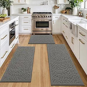 SHACOS Kitchen Rugs Sets of 3 Non Slip Washable Polypropylene Low Pile Absorbent Resist Dirt Kitchen Floor Mat 3 Piece for Entryway, Hallway, Front of Sink (24"x36"+24"x59"+24"x71", Leaves Grey)