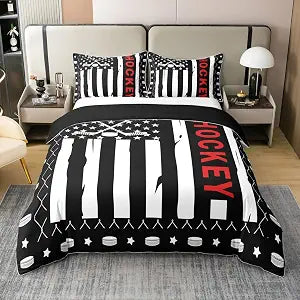 100% Cotton Ice Hockey Comforter Cover,American Flag Bedspread Cover For Bedroom Decor,Sports Game Quilt Cover,Black White Twin Duvet Cover For Kids Boys,Vintage Geometric Stripes Bedding Set
