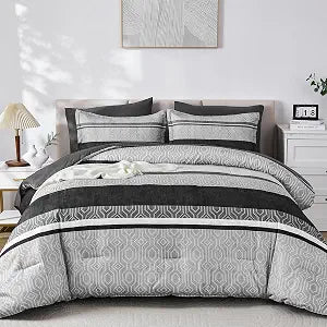 Dobuyly Grey Comforter Set Queen Size 7 Piece Bed in a Bag, Grey Black Striped Bed Set, Summer Lightweight Boho Bedding Comforter Sets with Sheets