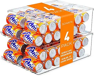 SCAVATA 4 Pack Soda Can Organizer for Refrigerator, Stackable Canned Food Pop Cans Container Can Holder Dispenser with Lid for Fridge Rack Freezer, Clear Storage Bins-Holds 12 Cans Each (Transparent)