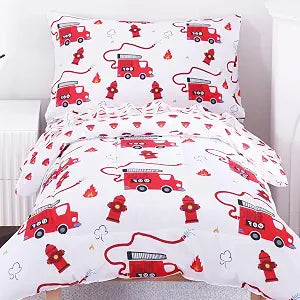 Viviland Fire Truck Toddler Comforter Sets, Cute Boys Girls Toddler Bedding Set, Soft Microfiber Fire Engine Toddler Bed Set