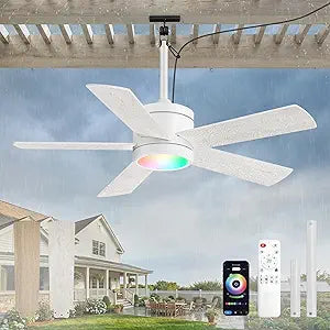 Fanbulous 42" Outdoor Ceiling Fans with Lights, APP Remote Control, IP65 Waterproof, RGB Dimmable Light, Plug in with 10FT Cord, 6-Speeds, 3CCT, Hook Hanging Fan for Gazebo Patio Porch Canopy(White)