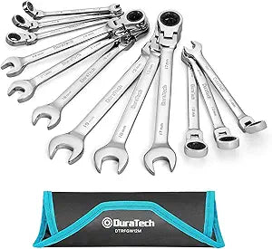DURATECH Flex-Head Ratcheting Wrench Set, Combination Wrench Set, 72 Tooth, Metric, 12-piece, Size Covers 8-19mm, CR-V Steel, with Rolling Pouch