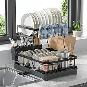 2 Tier Dish Rack, Carbon Steel Dish Drying Rack for Kitchen Organization & Storage, Countertop / Sink Dish Rack with Automatic Drain Tray, Large Capacity Black Dish Rack - Essential Home Kitchen Item