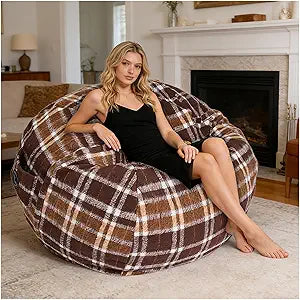 Moive Beanbag Duo Round Bean Bag ChairComfortable Bean Bags Lounge & Bean Bag Sofa for Adults & Couples, Fabric, Ideal for Living Room or Dorm-Cover-Patterned Woolen-Brown