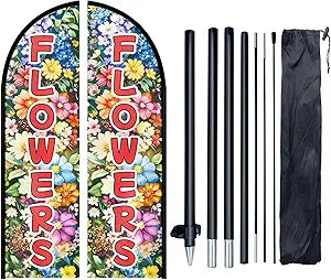 Flowers Feather Flag With Pole Kit, 8FT Double Sided Floral Advertising Swooper Flag, Durable Polyester Outdoor Decorative Banner for Garden, Business, Storefront, Event