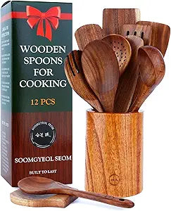 SOOMGYEOL SEOM 12-Piece Teak Wood Cooking Utensils Set with Holder and Spoon Rest - Premium Wooden Spoons, Spatulas, Nonstick Safe Heat Resistant Kitchen Tools