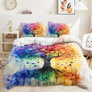 AILONEN Tree of Life Duvet Cover Set - Queen Size, Watercolor Hearts Tree Printed Comforter Cover Set with 2 Pillowcases, 3-Piece
