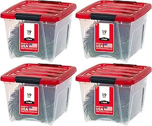 IRIS USA 19 Qt. Stackable Plastic Storage Bins with Lids, 4 Pack - BPA-Free, See-Through Organizing Solution, Latches, Durable Nestable Containers, Secure Pull Handle, Made in USA - Red