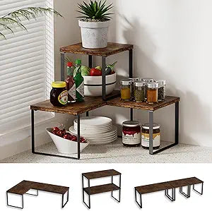 Golener Countertop Organizer Corner Shelf, 2 Tier Adjustable Stackable Corner Shelves for Kitchen, Bathroom, Spice Rack, Coffee Area, Cabinet, Dresser Table, Corner Counter Shelf Stand, Rustic Brown