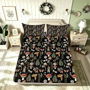 Castle Fairy Mushroom Fitted Sheet Set Natural Butterfly Wild Plant Leaves Decor Bedding Set for Kids Teens Adults Outdoor Jungle Rustic Farmhouse Style Bed Cover with 1 Pillowcase Twin Size 2 Pcs