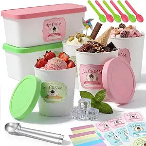 LemonRoad 6 Pack Reusable Ice Cream Tub Containers Set 2 Pcs 2-quart and 4 Pcs 1-quart Freezer Storage Boxes for Homemade Ice Cream with Silicone Lids Spoons Stickers for Sorbet Frozen Yogurt