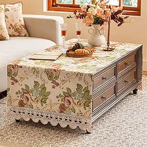 Luxury Chenille Coffee Table Cloth Non-Slip Silicone Backing Heavyweight French Damask Jacquard with Elegant Lace Edge Vintage Floral Furniture Protector(Fhsjm Beige Floral,79" L x 27.6" W)