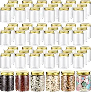 Wesiti 60 Pcs 8 oz Clear Plastic Mason Jars Containers With Screw on Gold Lids Refillable Round Empty Plastic Jars Storage Containers Reusable for Kitchen Household Dry Food Storage Honey Herb Nuts