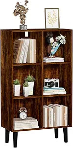 6 Cube Bookcase, Wooden Book Shelf Cube Storage Organizer with Legs, 3 Tier Bookshelf Freestanding Open Shelves for Bedroom, Living Room and Home Office (Brown, 6 Cube Vertical)