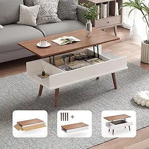 Lift Top Coffee Table, One Minute No Assembly Required Rising Tabletop Center Table with Large Hidden Storage Compartment, Open Shelf, Anti-Pinch Design Mute for Living Room (Walnut)