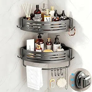 Corner Shower Caddy Suction Cup, 2 Pack Shower Shelves Corner No Drilling, Aluminum Alloy Shower Organizer Suction Cup, Removable Bathroom Storage Rack with Towel Bar & Hooks(Gray)
