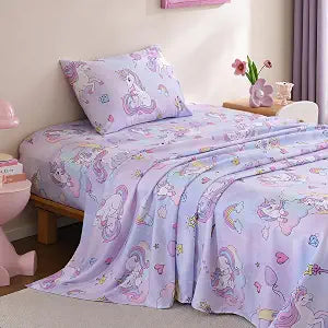 Kids Sheet Set Twin Size Purple Unicorn for Girls, 3 Piece Bedding
