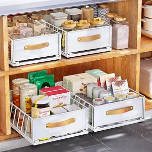 Pull out Cabinet Organizer,Heavy Duty Slide out Pantry Shelves Drawer Storage with Adhesive Nano Film,Sliding Mesh Cabinet Basket with Handle for Kitchen, Bathroom, Home, 11.8W" X 15.7"D X 6.2"H,White
