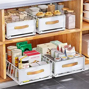 Pull out Cabinet Organizer,Heavy Duty Slide out Pantry Shelves Drawer Storage with Adhesive Nano Film,Sliding Mesh Cabinet Basket with Handle for Kitchen, Bathroom, Home, 9.8"W X 15.7"D X 6.2"H,White