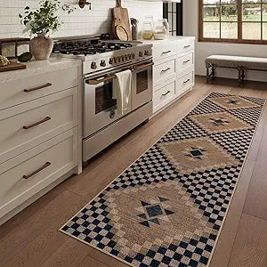 LIVEBOX Easy Jute Runner Rugs for Hallway 2x10, Non Slip Washable Rug Runner, Checkered Extra Long Rugs for Hallways, Ultra Thin Farmhouse Kitchen Rug for Hardwood Floor