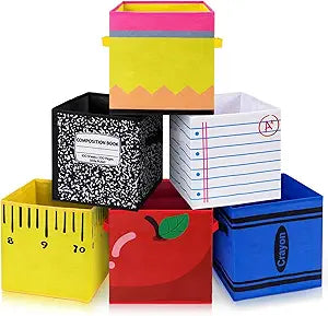 Lettry 6 Pcs 11in Notebook Pencil & Crayon Pattern Fabric Storage Bins, Colorful Collapsible Cubby Baskets with Handles for Classroom Organization, Home, Nursery, and Elementary School Supplies