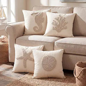 4 Pcs Coastal Beach Pillow Covers 18x18 Starfish Seahorse Coral Sand Dollar Embroidery Nautical Throw Pillow Covers Cushion Cases for Bedroom Sofa Ocean Summer Theme Holiday Home Decoration