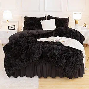 Andency Twin Comforter Set Black, Fluffy Winter Faux Fur Warm Soft Plush Bedding Comforter Set (1 Velvet Comforter & 1 Pillowcase), Fuzzy Thick Heavy Puffy Comforters Bed Set
