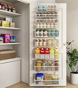 Mefirt White 9-Tier Over The Door Pantry Organizer, Pantry Organization and Storage, Deep Baskets Hanging Heavy-Duty Metal, Wall Spice Rack Seasoning Shelves for Home & Kitchen, Laundry Room Bathroom