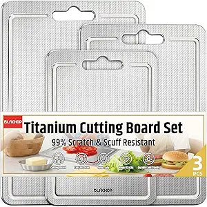 3-Piece Titanium Cutting Board for Kitchen, Double-Sided Scratch-Resistant Chopping Boards with Juice Grooves, Metal Cutting Boards with Non-Slip Mat, Dishwasher Safe for Fruit, Meat, Vegetables, Gray