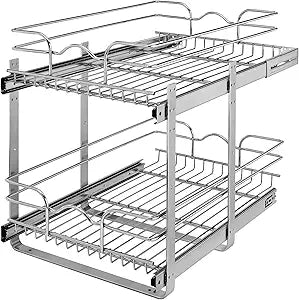 Rev-A-Shelf 2-Tier Pullout Shelf and Drawer Organizer for Kitchen Cabinets, Slide Out Storage Basket, Min Opening Width of 14.5", 15" x 22", 5WB2-1522CR-1
