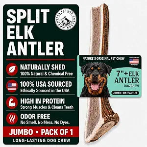 Mountain Valley Elk Antlers for Dogs - 100% Natural & Organic Chew for Aggressive Chewers, No Odor, No Mess, Long Lasting - Wild-Foraged Naturally Shed Antlers in USA - Grade A, Split Jumbo (1 Pack)