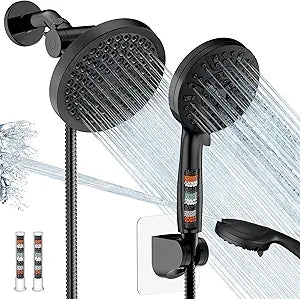 Filtered Shower Head with Handheld Spray Combo,High Pressure Rain Shower Heads,Double Dual Shower Head 10 Spray Modes,Detachable Showerhead 78 Inch Hose,Black