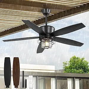 Fanbulous 52" Outdoor Ceiling Fans with Lights and Remote Control,IP65 Wet Rated Waterproof Ceiling Fan with 6-Speed DC Motor, Farmhouse Gazebo Fan for Porch Patios PavilionBlack